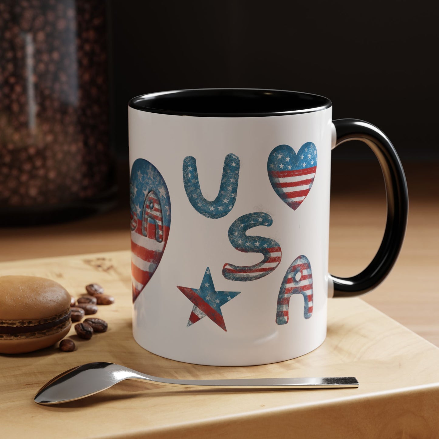 Patriotic Coffee Mug with USA Heart Design, Gift for Veterans, 4th of July, Americana Kitchenware, Coffee Lover Gift, Red White Blue Mug