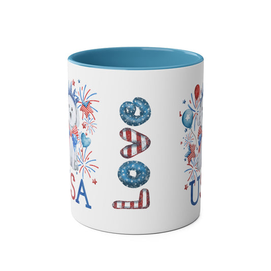 Patriotic Two-Tone Coffee Mug, 4th of July Mug, USA Mug, Dog Lover Gift, Fun Holiday Drinkware