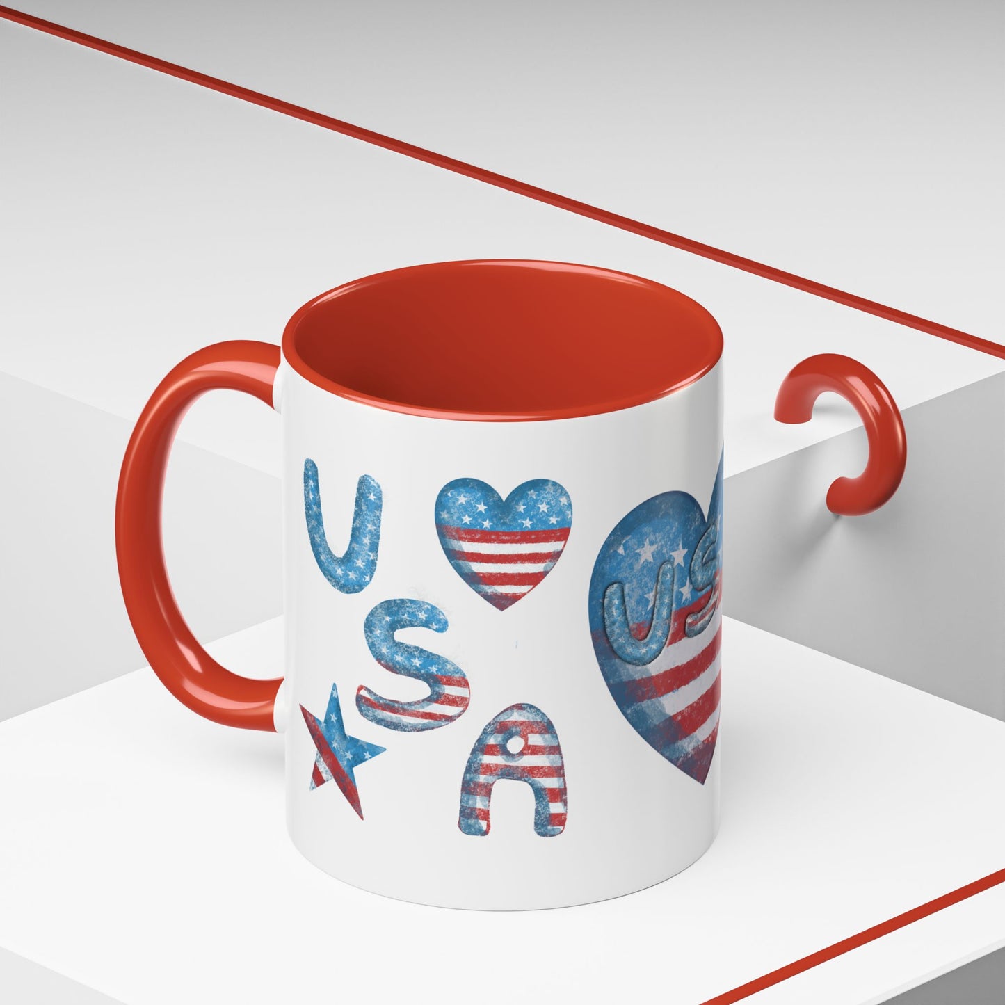 Patriotic Coffee Mug with USA Heart Design, Gift for Veterans, 4th of July, Americana Kitchenware, Coffee Lover Gift, Red White Blue Mug