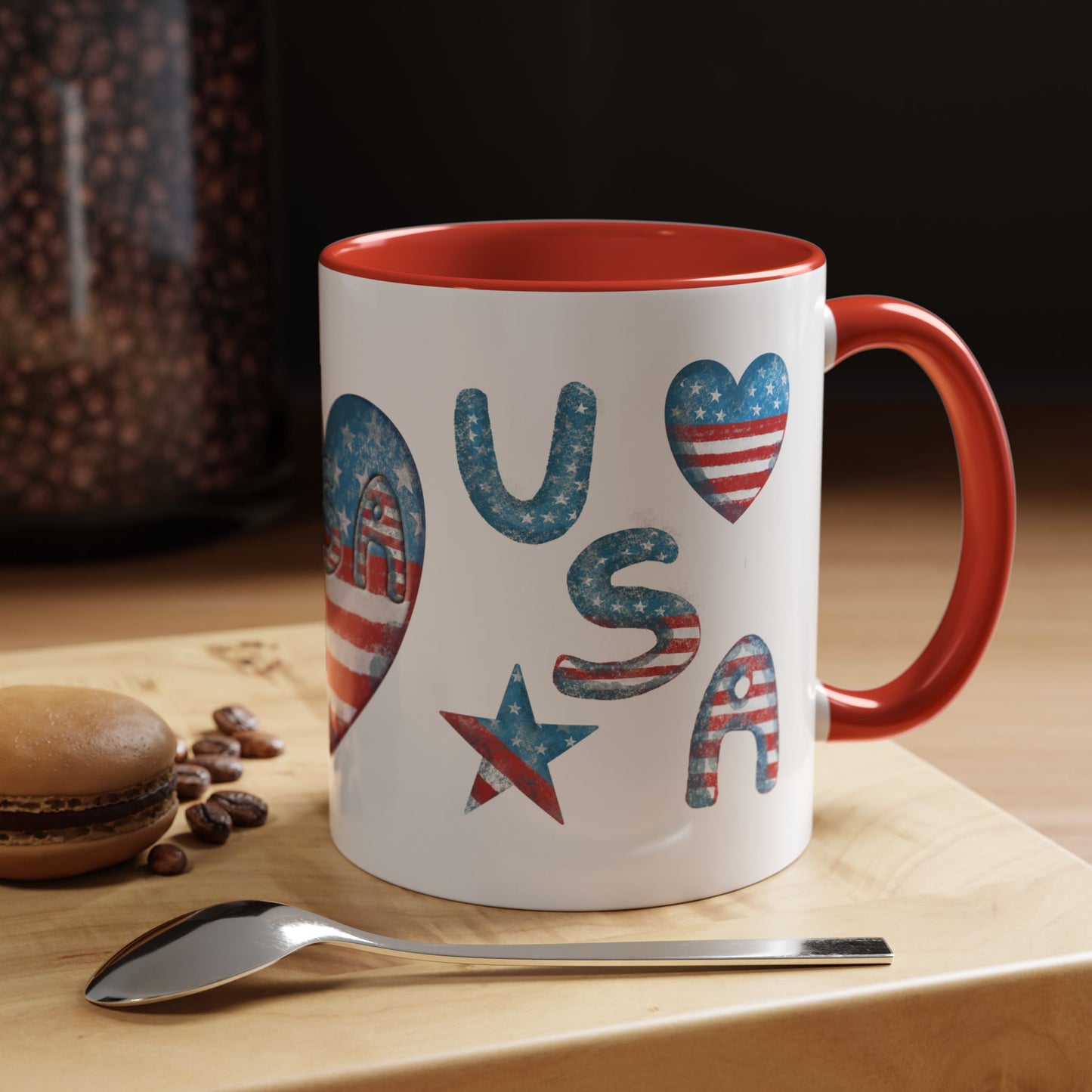 Patriotic Coffee Mug with USA Heart Design, Gift for Veterans, 4th of July, Americana Kitchenware, Coffee Lover Gift, Red White Blue Mug