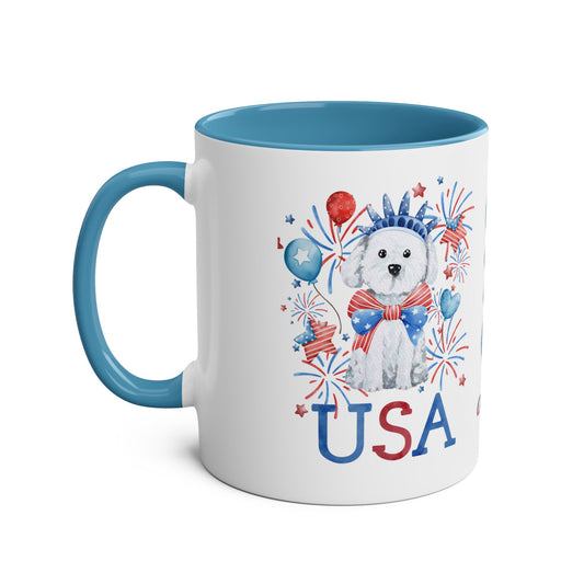 Patriotic Two-Tone Coffee Mug, 4th of July Mug, USA Mug, Dog Lover Gift, Fun Holiday Drinkware